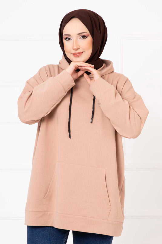 Kanguru Cepli Tesettür Sweatshirt Camel