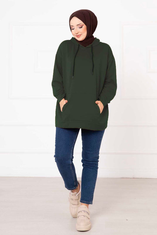 Sweatshirt Modeste À Capuche Avec Poches En Kaki