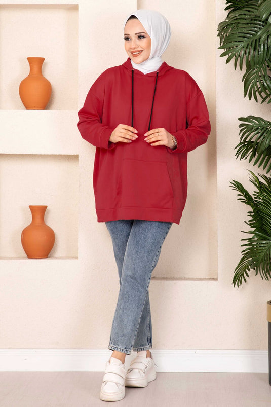 سويت شيرت حجاب بجيب الكنغر باللون الأحمر