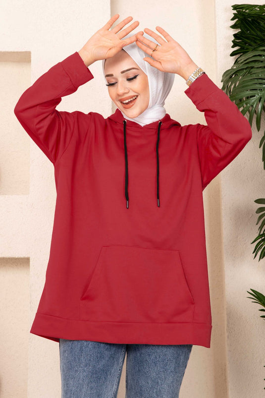 سويت شيرت حجاب بجيب الكنغر باللون الأحمر