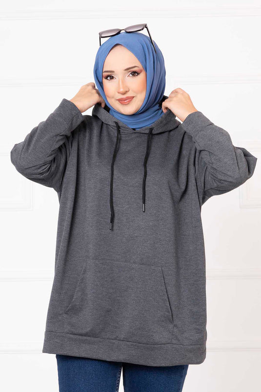 Kanguru Cepli Tesettür Sweatshirt Koyu Gri