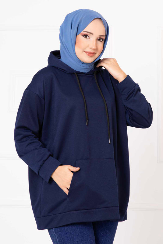 Kanguru Cepli Tesettür Sweatshirt Lacivert