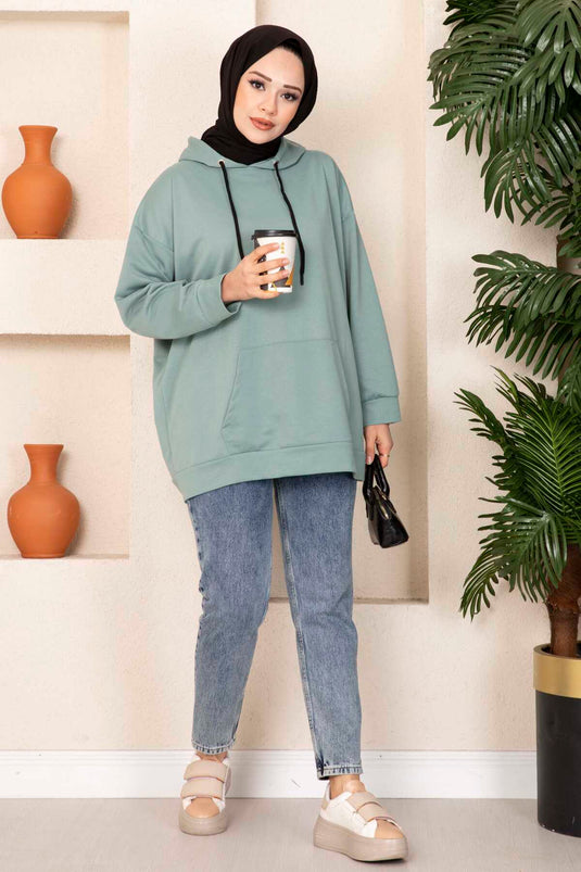 Kanguru Cepli Tesettür Sweatshirt Mint