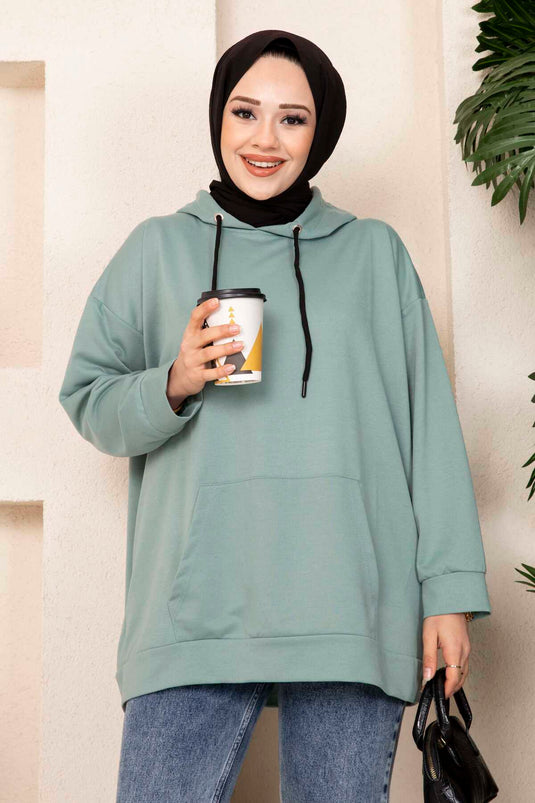 Kanguru Cepli Tesettür Sweatshirt Mint