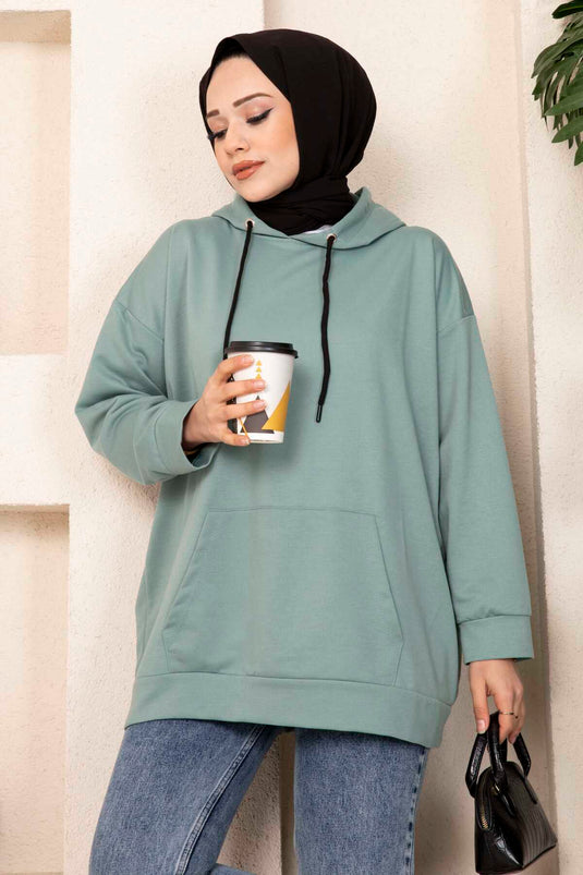 Kanguru Cepli Tesettür Sweatshirt Mint