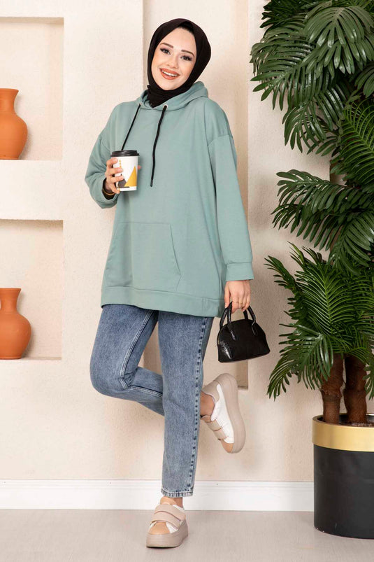 Kanguru Cepli Tesettür Sweatshirt Mint