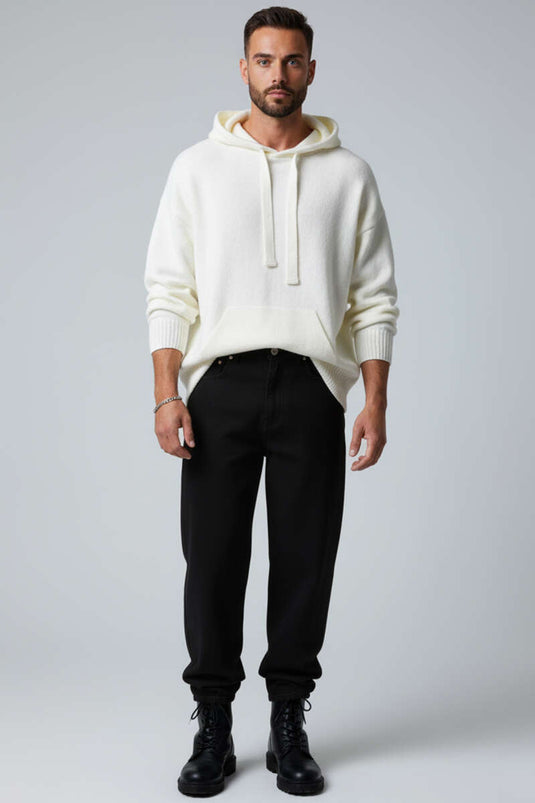 Men's Knitted Sweatshirt with Kangaroo Pocket, Ecru