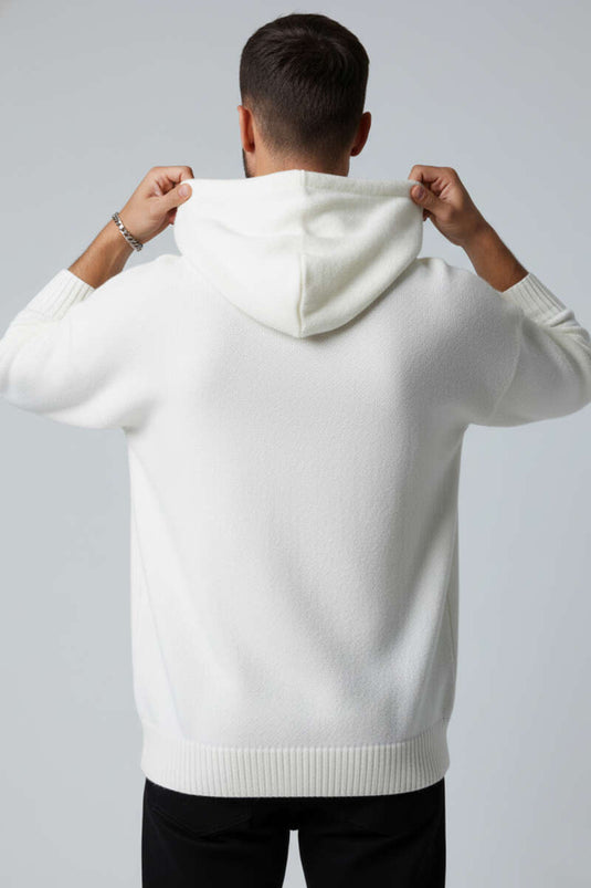 Men's Knitted Sweatshirt with Kangaroo Pocket, Ecru