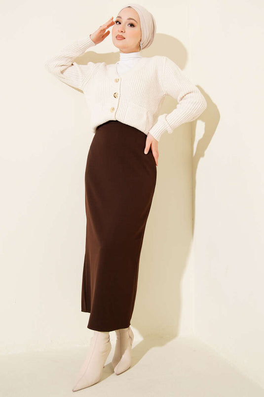 Bleistiftrock mit geschlossenem Schlitz, dunkelbraun