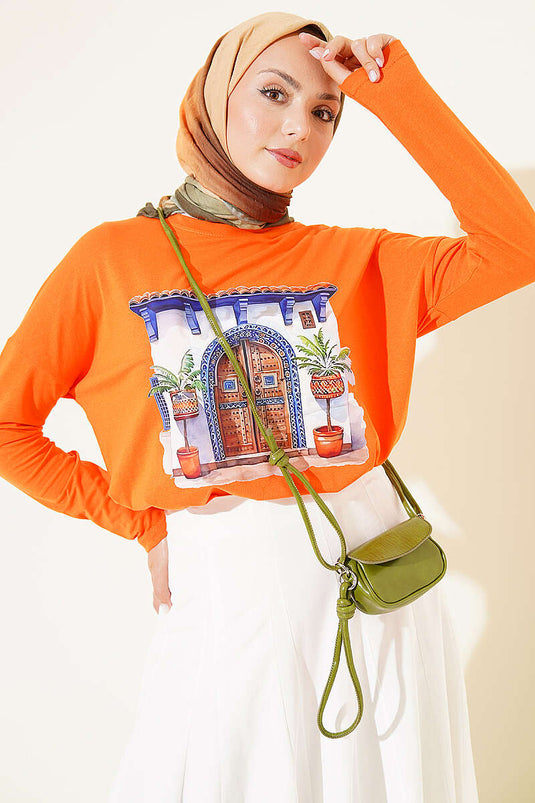 Kapı Baskılı Basic Tunik Oranj