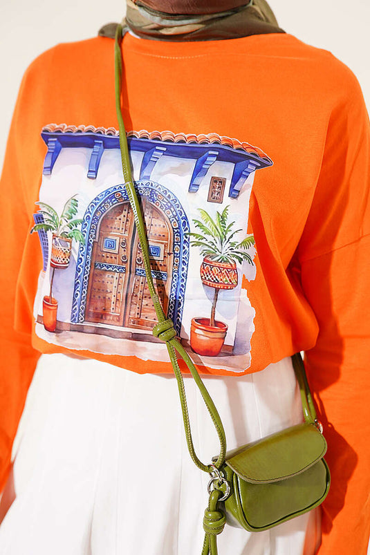 Kapı Baskılı Basic Tunik Oranj