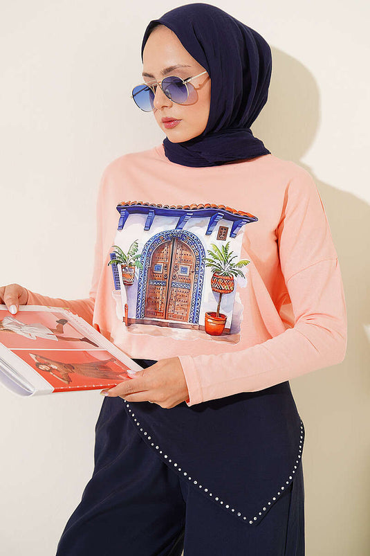Kapı Baskılı Basic Tunik Pudra