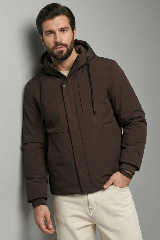 معطف مبطن بغطاء رأس كابتون بني