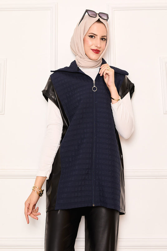 Quilted Leather Combined Two-Piece Suit Navy Blue