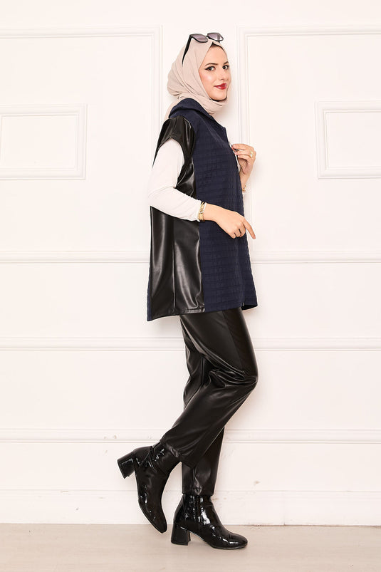 Quilted Leather Combined Two-Piece Suit Navy Blue