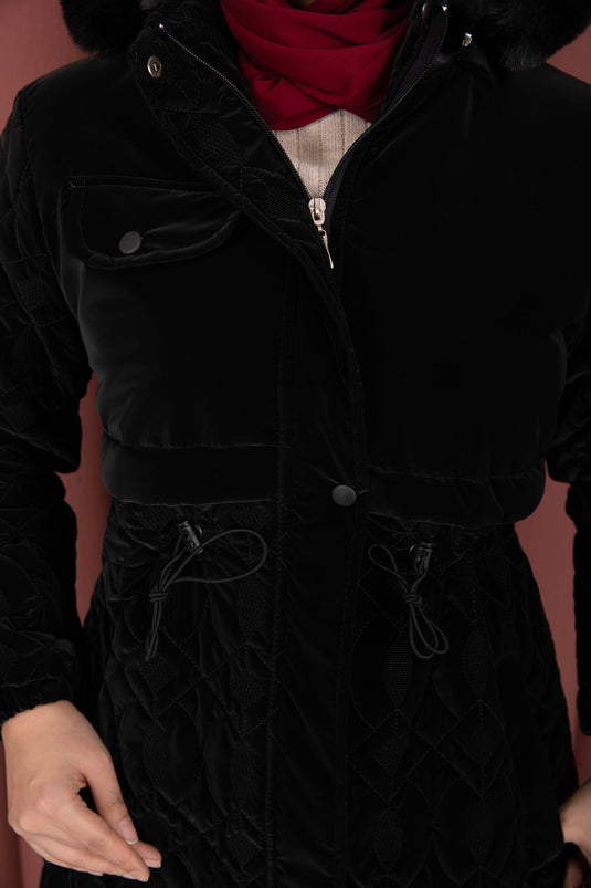 Quilted Pattern Fur Hooded Nova Coat Black