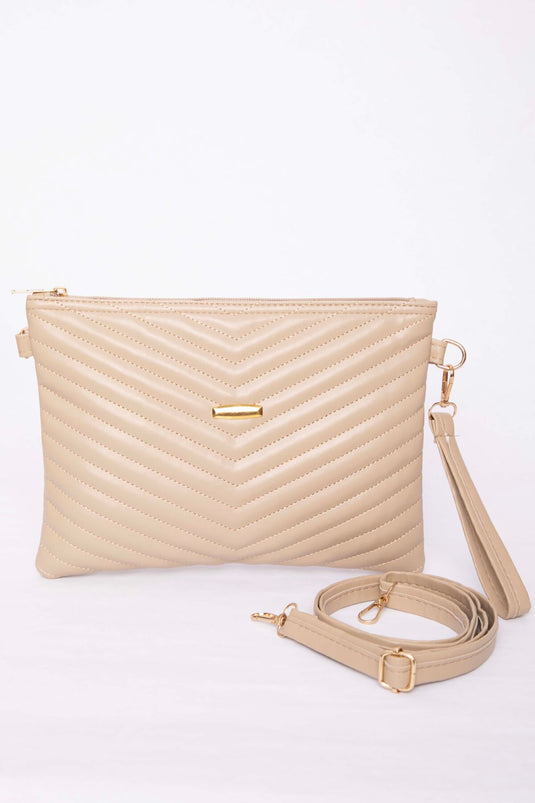Quilted Patterned Zippered Clutch Bag Beige