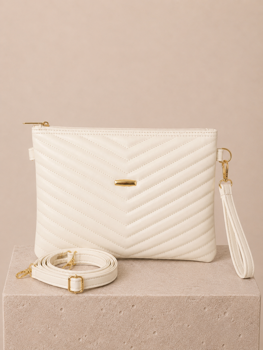 Quilted Patterned Zippered Clutch Bag White