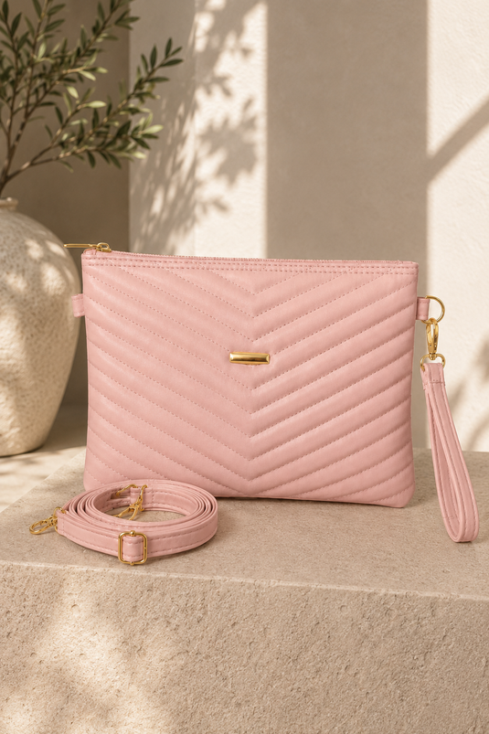Kapitone Desenli Fermuarlı Portföy Çanta Pembe