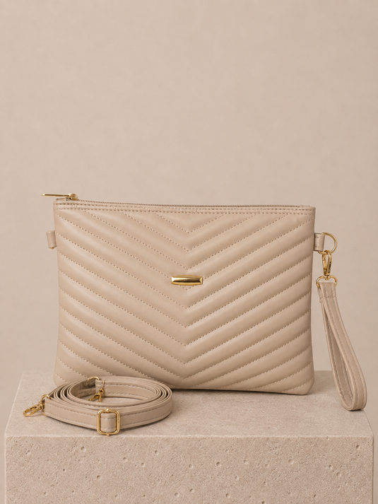 Quilted Patterned Zippered Clutch Bag Mink