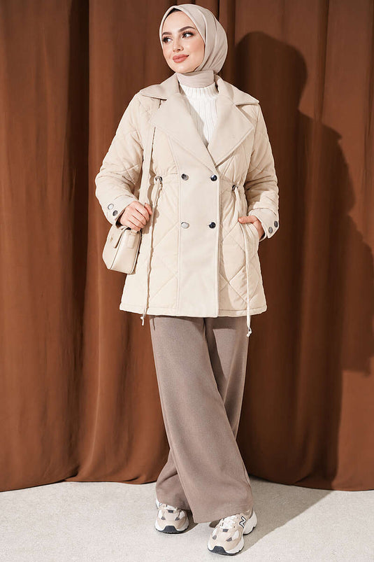 Beige Steppmantel Mit Umlegekragen