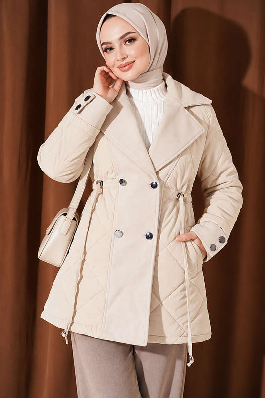 Beige Steppmantel Mit Umlegekragen