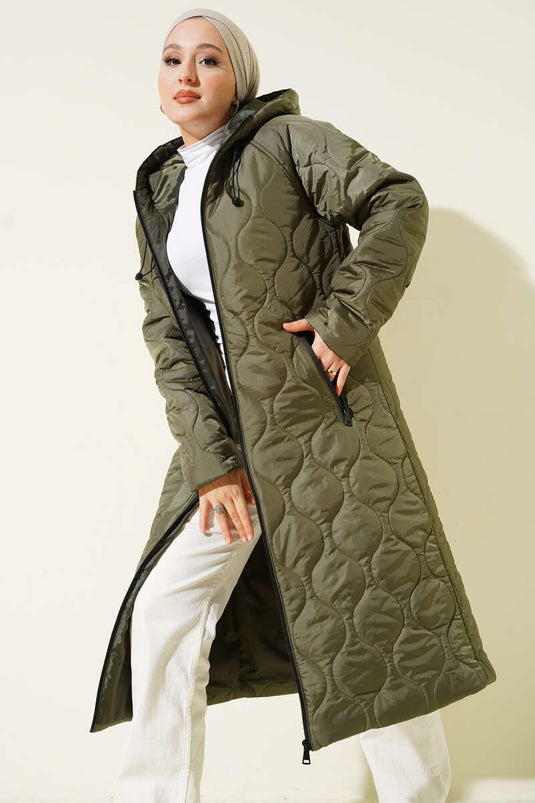 Quilted Zippered Hooded Coat Khaki