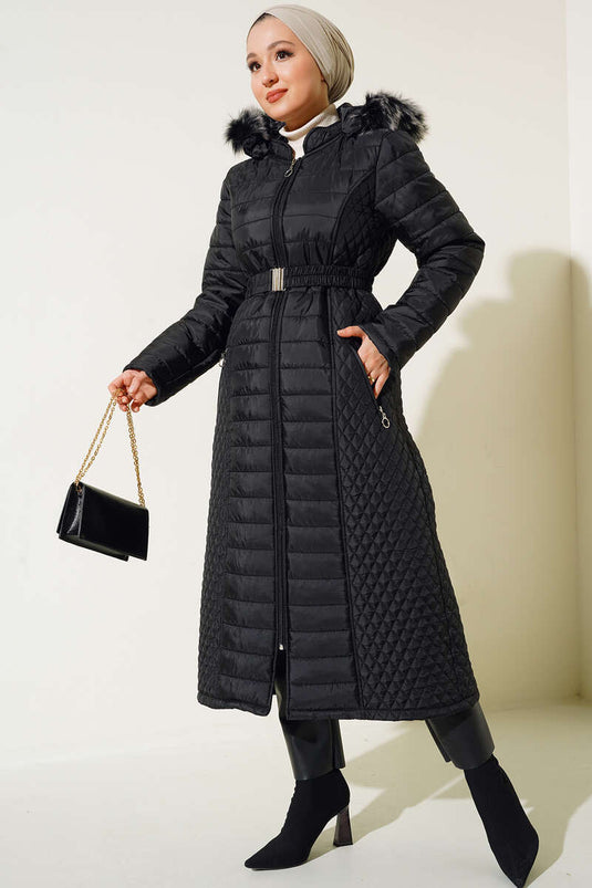 Manteau Long Matelassé À Capuche Noir