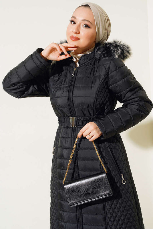 Manteau Long Matelassé À Capuche Noir