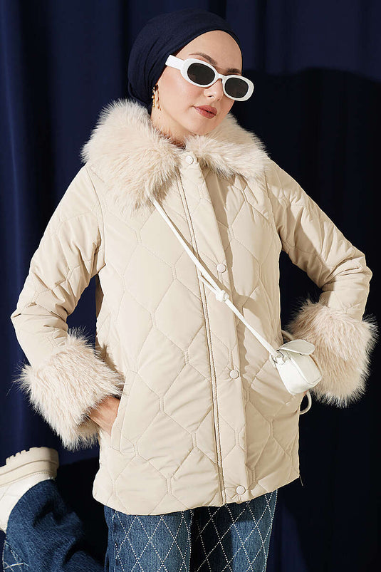 Beige Quilted Coat With Faux Fur Details