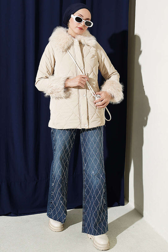 Beige Quilted Coat With Faux Fur Details