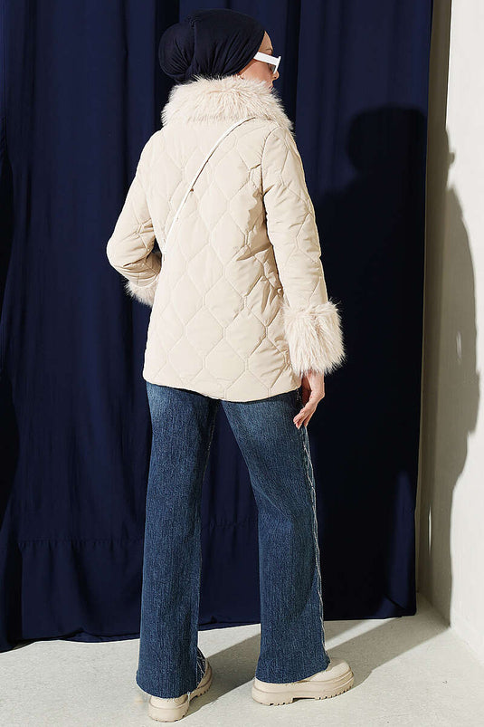 Beige Quilted Coat With Faux Fur Details