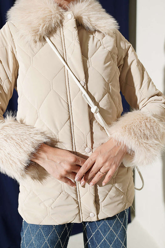 Beige Quilted Coat With Faux Fur Details