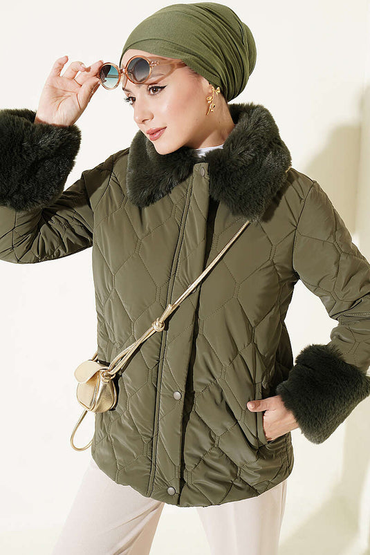 Hooded Quilted Coat With Fur Detail In Khaki