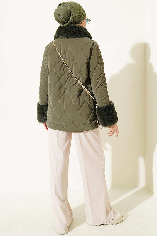 Hooded Quilted Coat With Fur Detail In Khaki