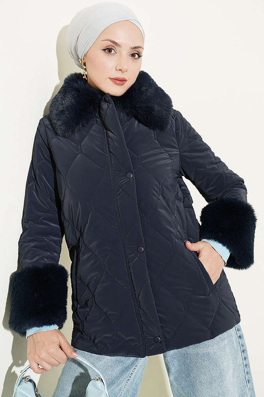 Navy Quilted Coat With Faux Fur Details