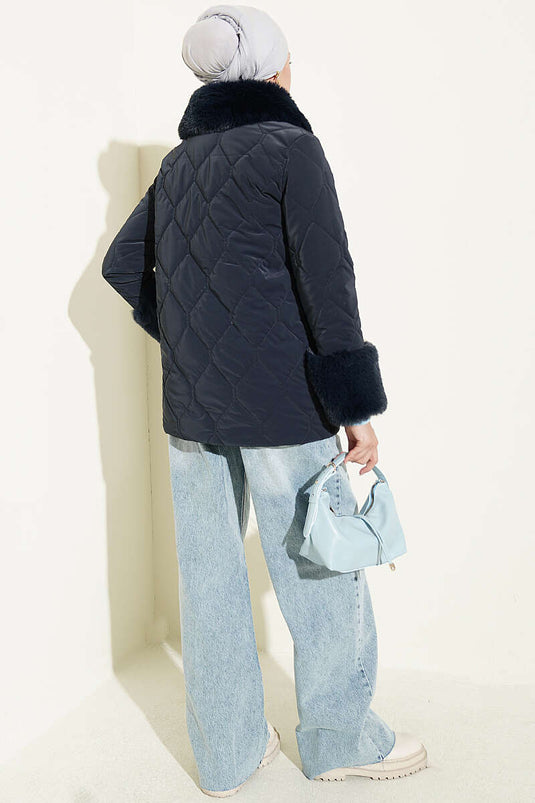 Navy Quilted Coat With Faux Fur Details