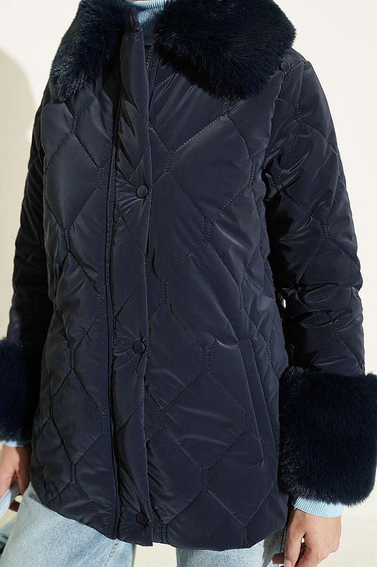 Navy Quilted Coat With Faux Fur Details