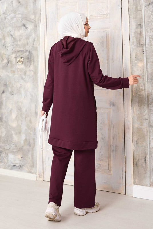 Kapitone Yelekli Üçlü Takım Bordo