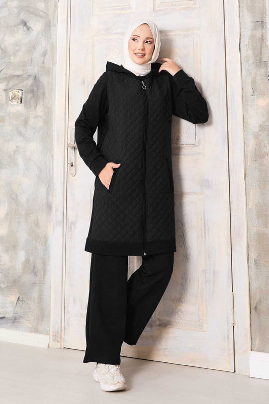 Kapitone Yelekli Üçlü Takım Siyah