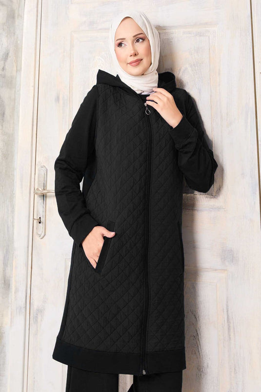 Kapitone Yelekli Üçlü Takım Siyah