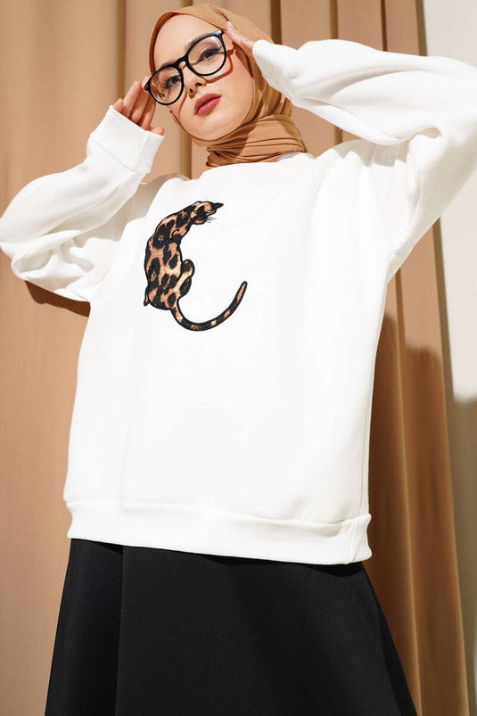 Tiger-Sweatshirt mit drei Fäden genäht Ecru