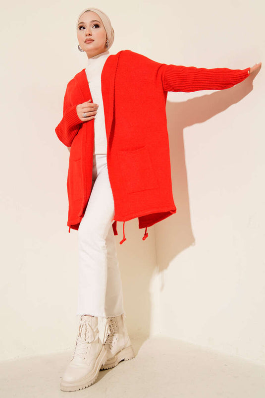 Strickjacke mit Kapuze und zwei Taschen, Rot