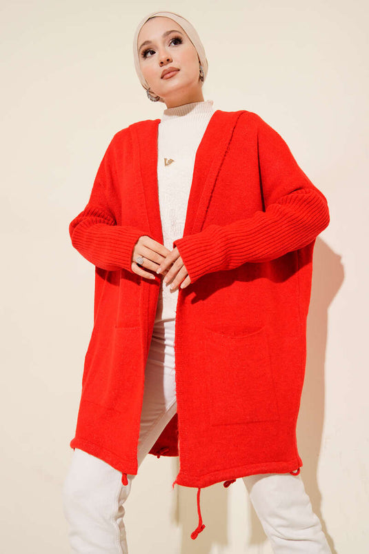 Strickjacke mit Kapuze und zwei Taschen, Rot