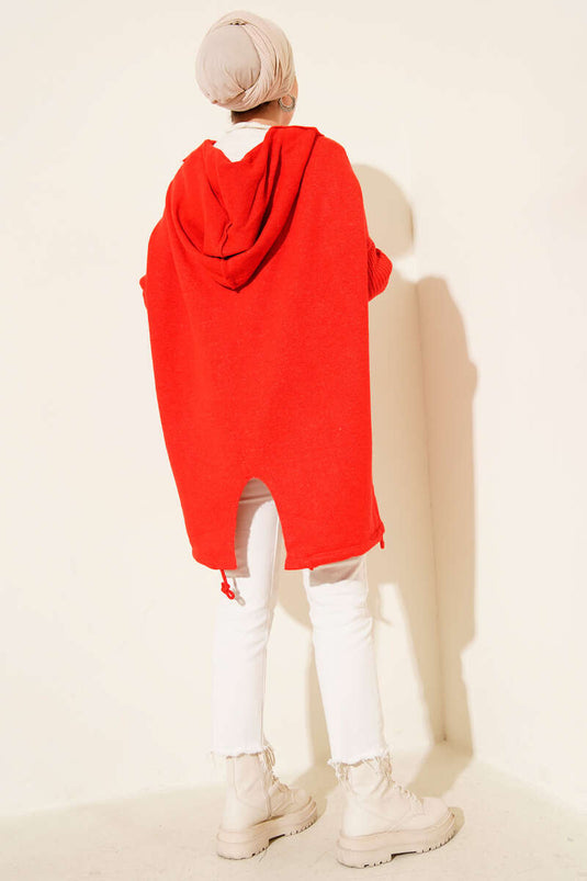 Strickjacke mit Kapuze und zwei Taschen, Rot