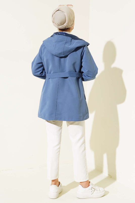 معطف ترنش قصير بغطاء رأس وكباس، نيلي