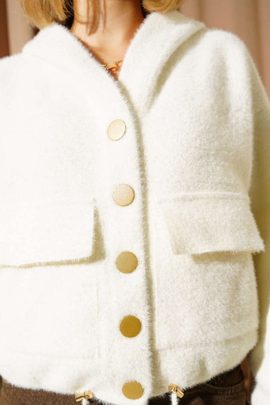 Hooded Cardigan with Snap Buttons and Pockets, Ecru