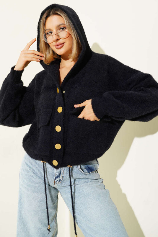 Hooded Cardigan with Snap Buttons and Pockets, Black