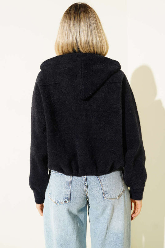 Hooded Cardigan with Snap Buttons and Pockets, Black