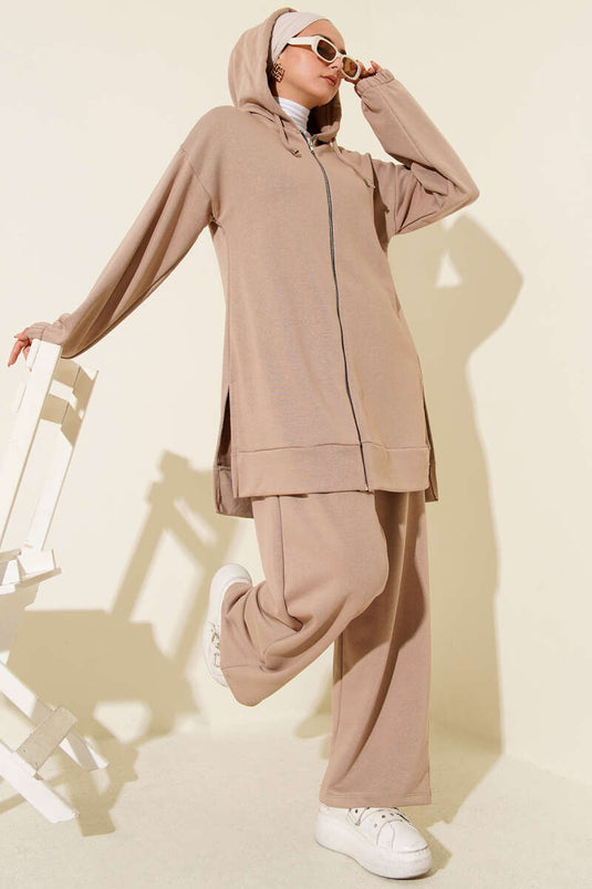 Ensemble double avec capuche et fermeture éclair Latte